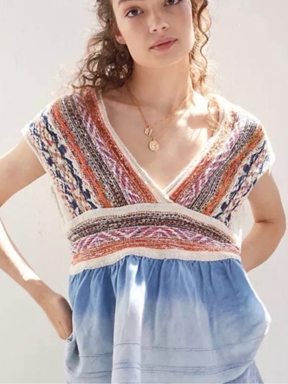Anthropologie Pilcro Boho V-Neck Multicolor Knit Top with Blue chambray